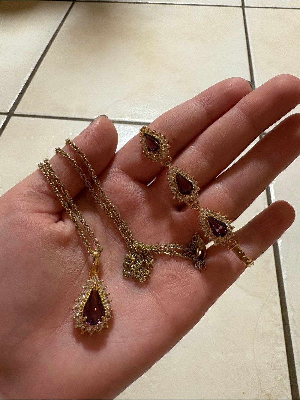 Gold Chain Necklace and Bracelet Set with Deep purple Teardrop Stones